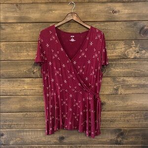 Evri Maroon Floral Wrap Top